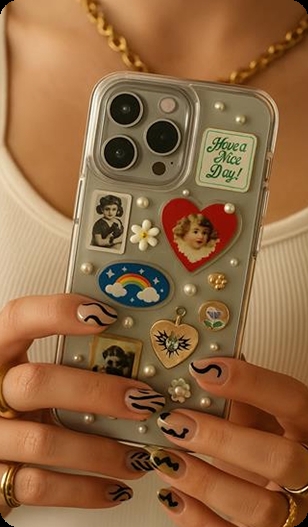 Kädet pitävät ´harmaata iphonea, jossa on värikkäitä koristeita kiinnitettynä.