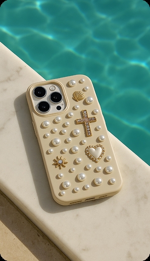 Uima-altaan reunalla on valkokuorinen Iphone, jossa on koristeena valkeita helmiä, sydän ja kimalteleva risti.